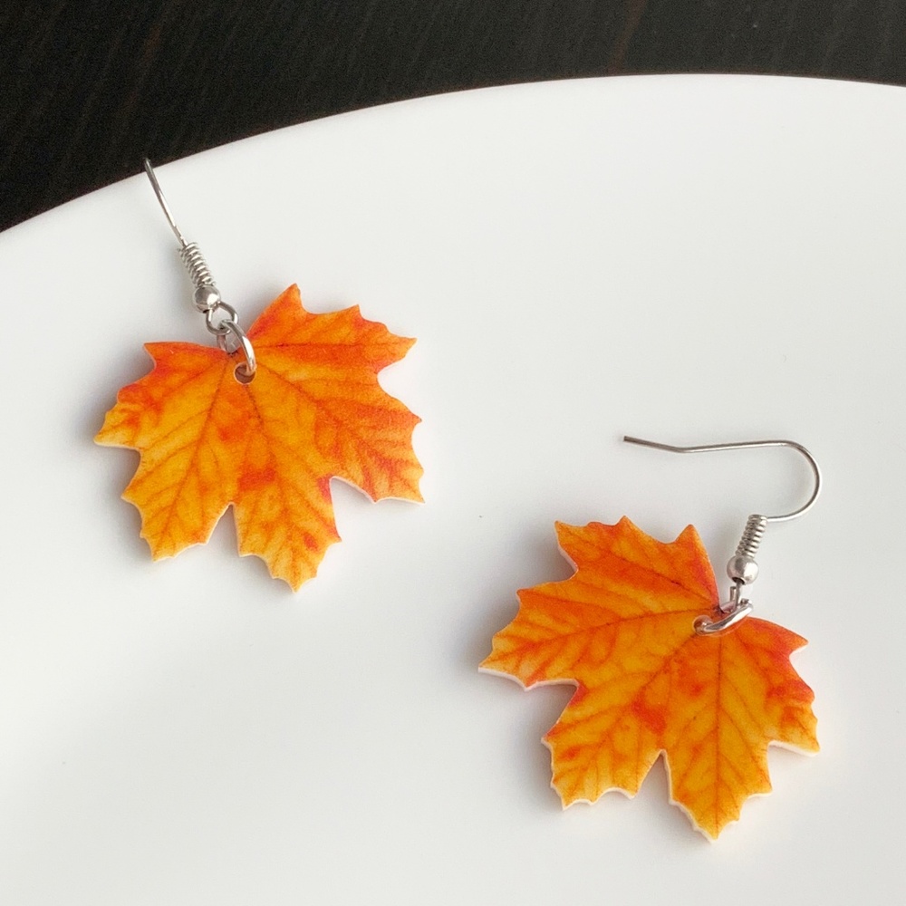 NEW Acrylic Orange Leaf Earrings - Picture 3 of 5